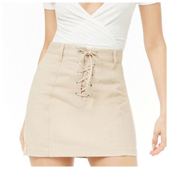 LAST CHANCE Forever21 Lace-Up Mini Jean Skirt in Beige Sand Khaki - Picture 8 of 8